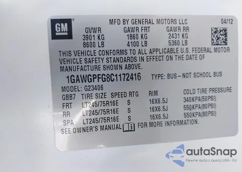 2012 Chevrolet Express G2500 Ls из США, поврежденный, VIN 1GAWGPFG8C1172416